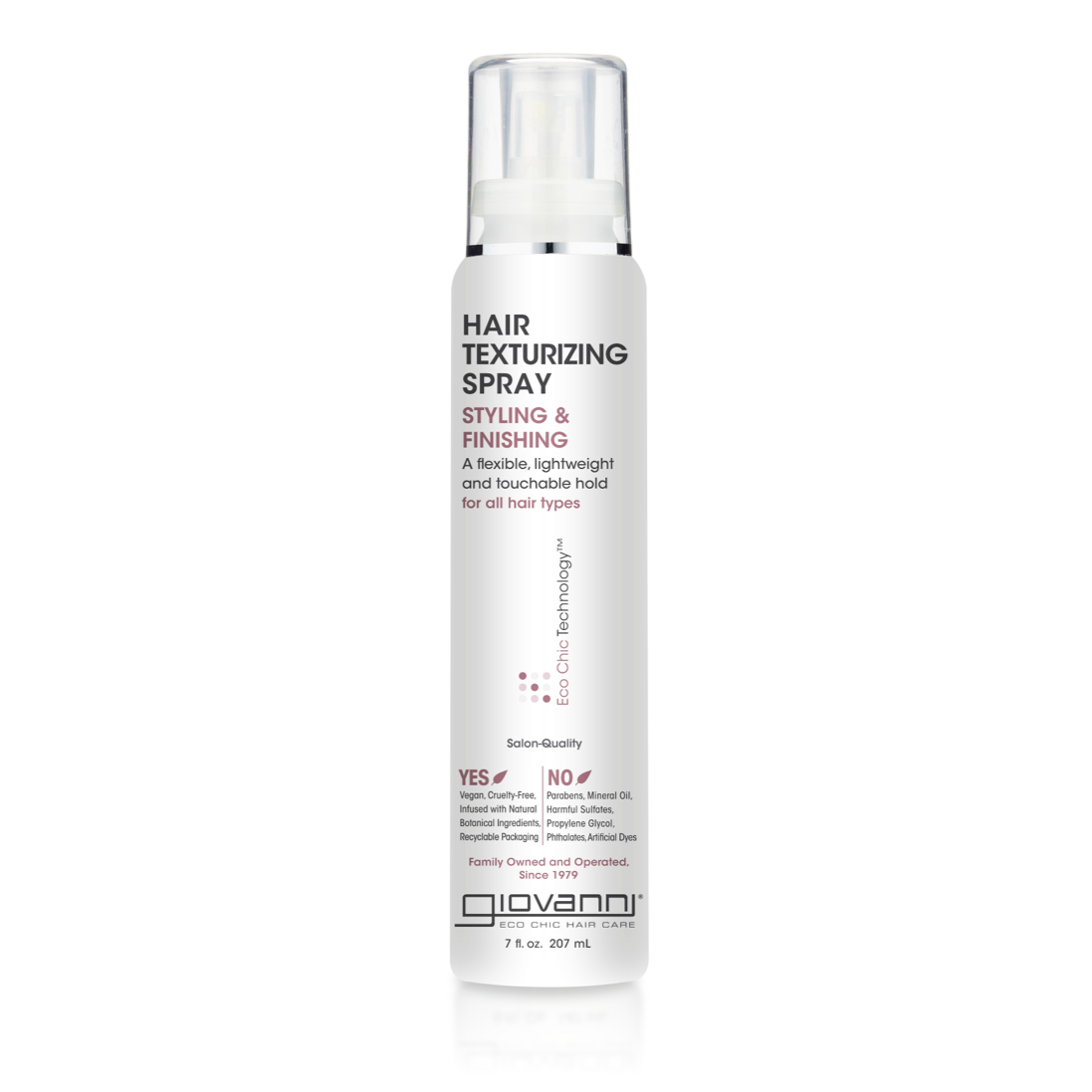SPRAY TEXTURIZER FOR ALL HAIR TYPES - A bottle of Giovanni hair texturizing spray with white and silver label, designed for hairstyling and finishing.