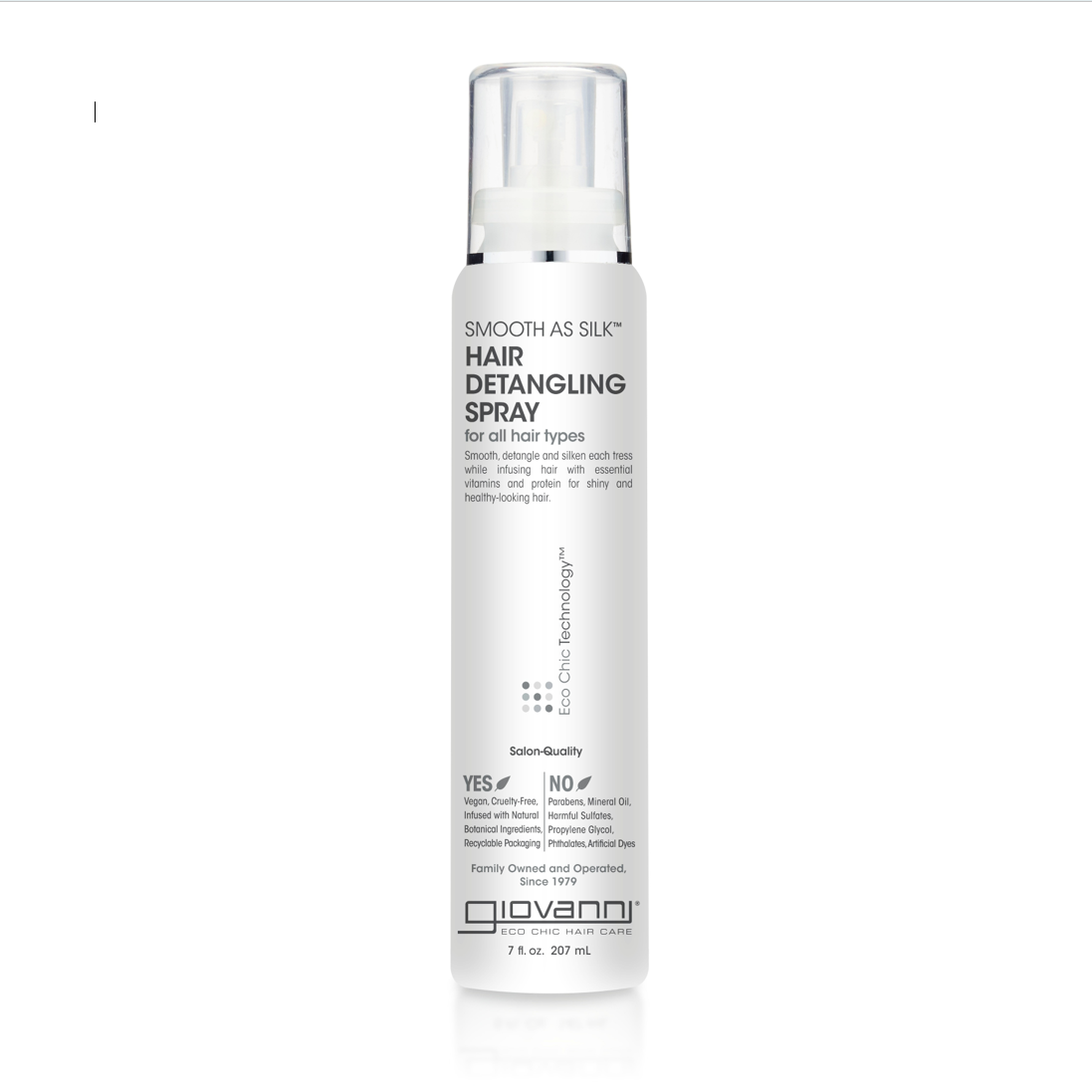 for all hair types - A white 7 oz bottle of Giovanni Cosmetics SMOOTH AS SILK™ HAIR DETANGLING SPRAY for all hair types, with a pump spray cap; helps detangle and protects hair from heat.