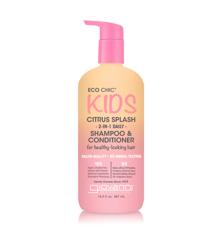 Bottle of Eco Chic Kids Citrus Splash shampoo and conditioner on a white background
