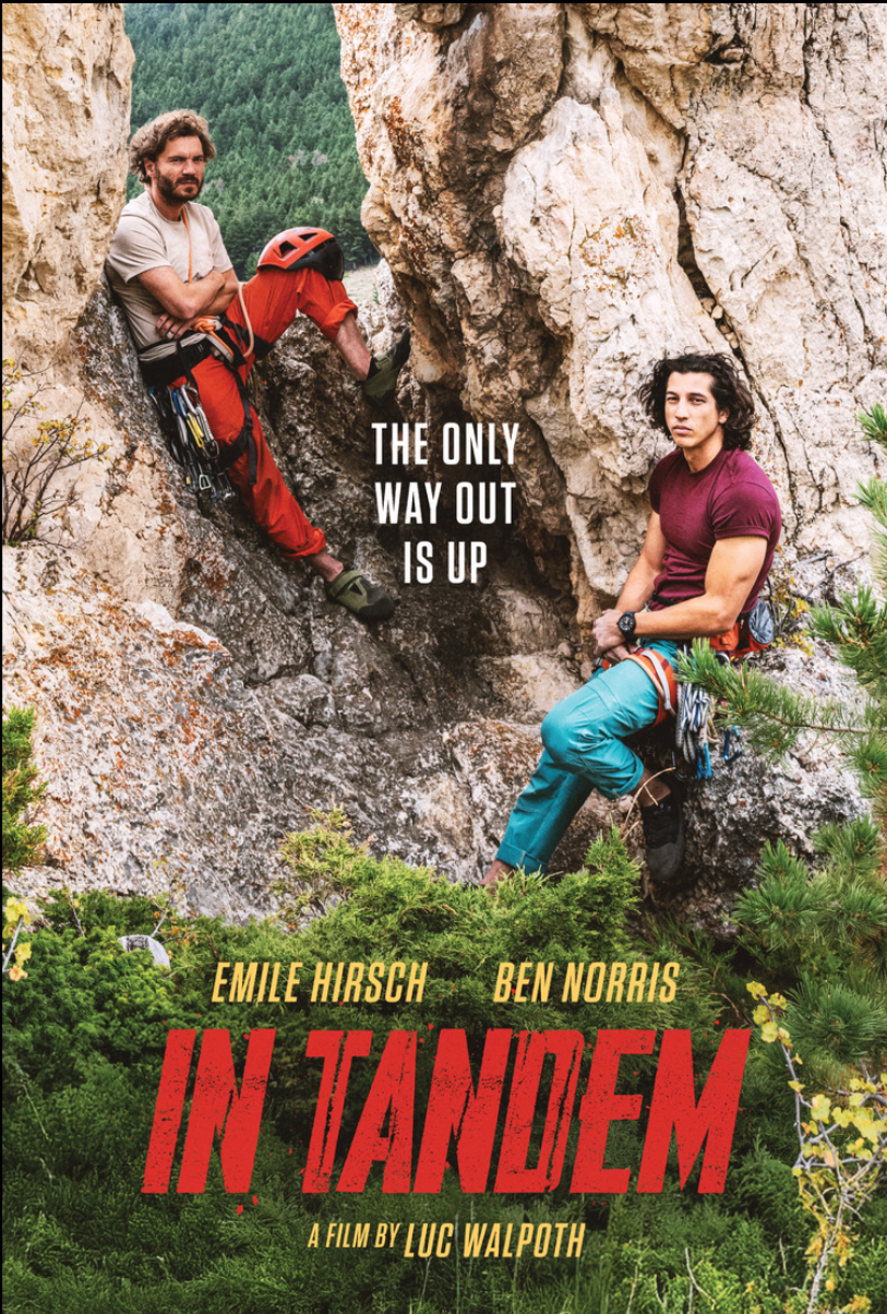 Movie poster for 'In Tandem' featuring two climbers on a rocky cliff with text 'The Only Way Out is Up'.