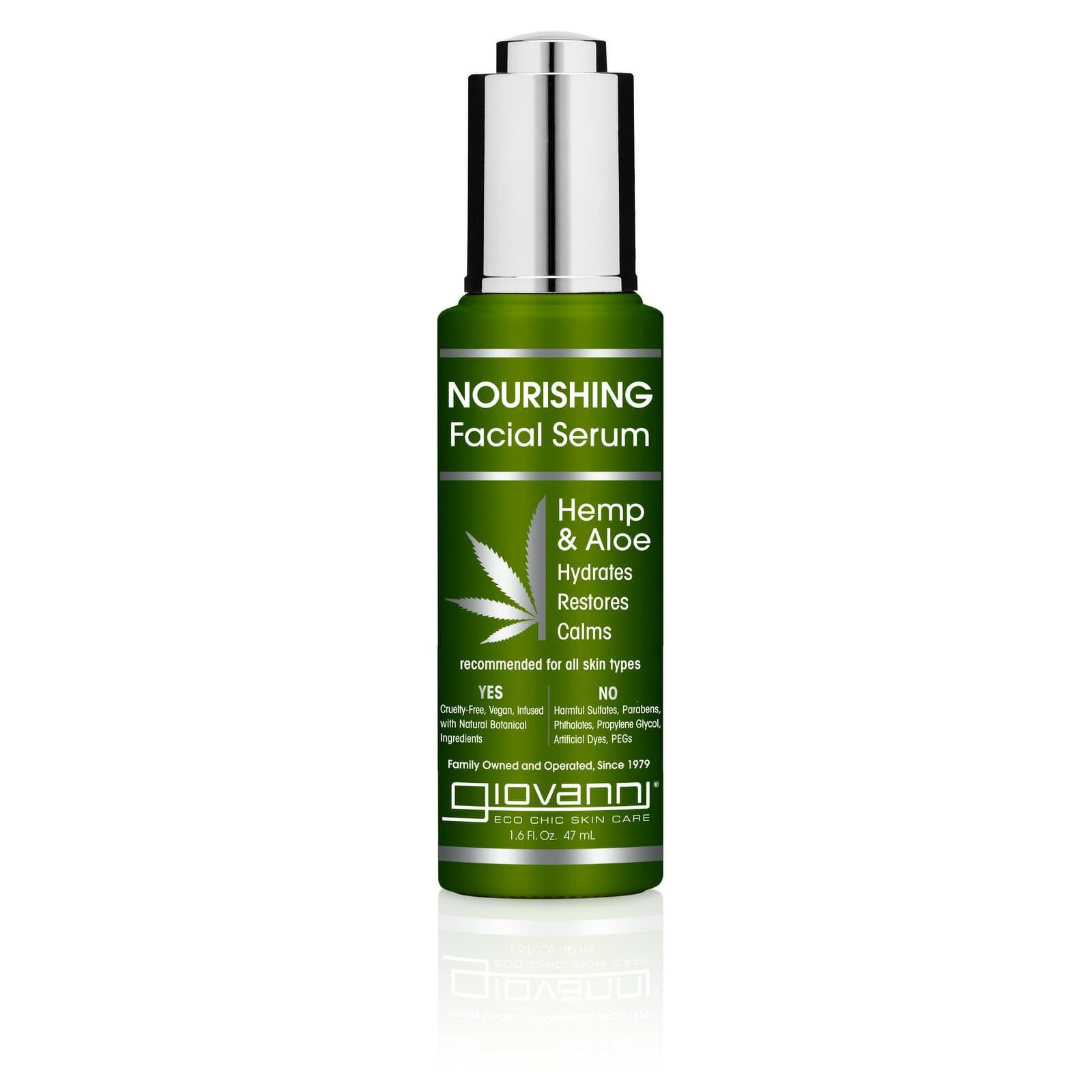 hemp & aloe - A green bottle of Giovanni Cosmetics NOURISHING FACIAL SERUM with a silver pump, labeled Hemp & Aloe, features antioxidant-rich herbs to hydrate, restore, and calm all skin types for a radiant complexion.