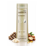 A bottle of Giovanni Cosmetics SMOOTHING CASTOR OIL SHAMPOO (2 Sizes) is surrounded by castor beans, shea butter, and argan nuts with oil drizzled nearby, highlighting its frizz-taming benefits for all hair types.