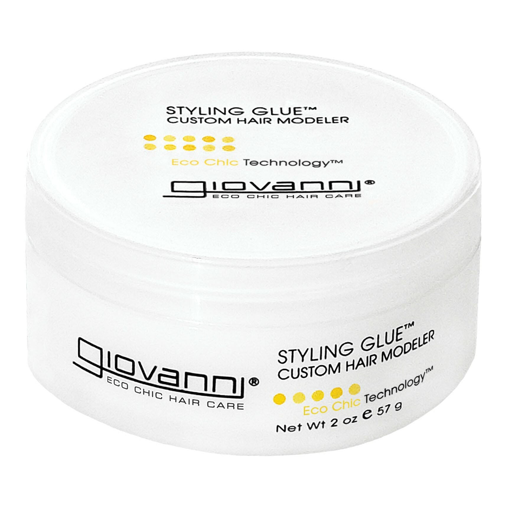 for all hair types - A white container of Giovanni Cosmetics STYLING GLUE™ CUSTOM HAIR MODELER, 2 oz (57 g), featuring black text and yellow dots on the lid and side. This salon-quality, color-safe styling glue provides a strong hold while caring for your hair.