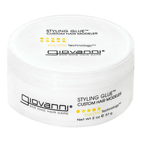 A white container of Giovanni Cosmetics STYLING GLUE™ CUSTOM HAIR MODELER, 2 oz (57 g), featuring black text and yellow dots on the lid and side. This salon-quality, color-safe styling glue provides a strong hold while caring for your hair.