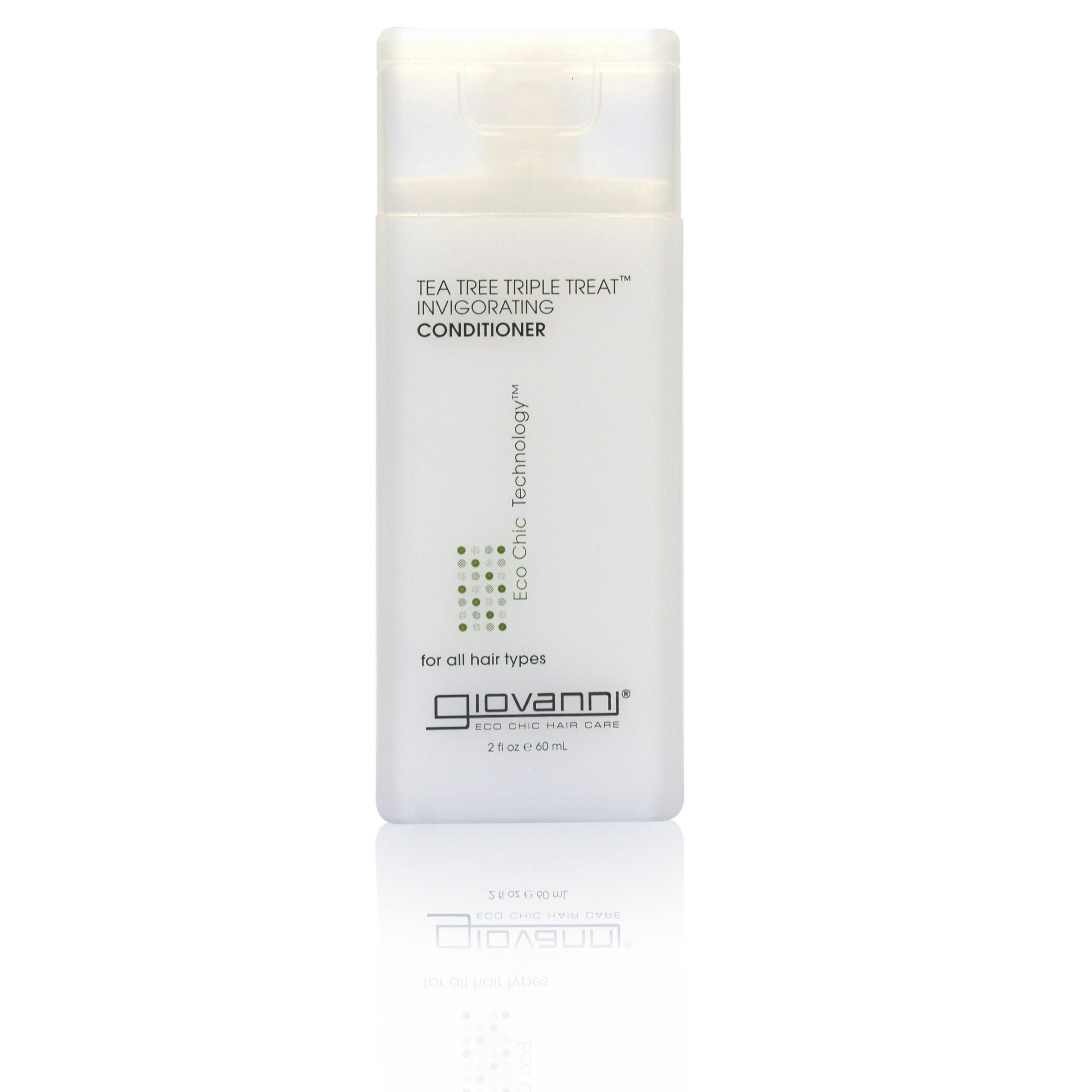 Recommended for All Hair Types - A 2 oz (60 ml) travel-size bottle of Giovanni Cosmetics TEA TREE TRIPLE TREAT™ Invigorating Conditioner with green accents and a clear cap sits on a white background. This color-safe formula refreshes and revitalizes all hair types.