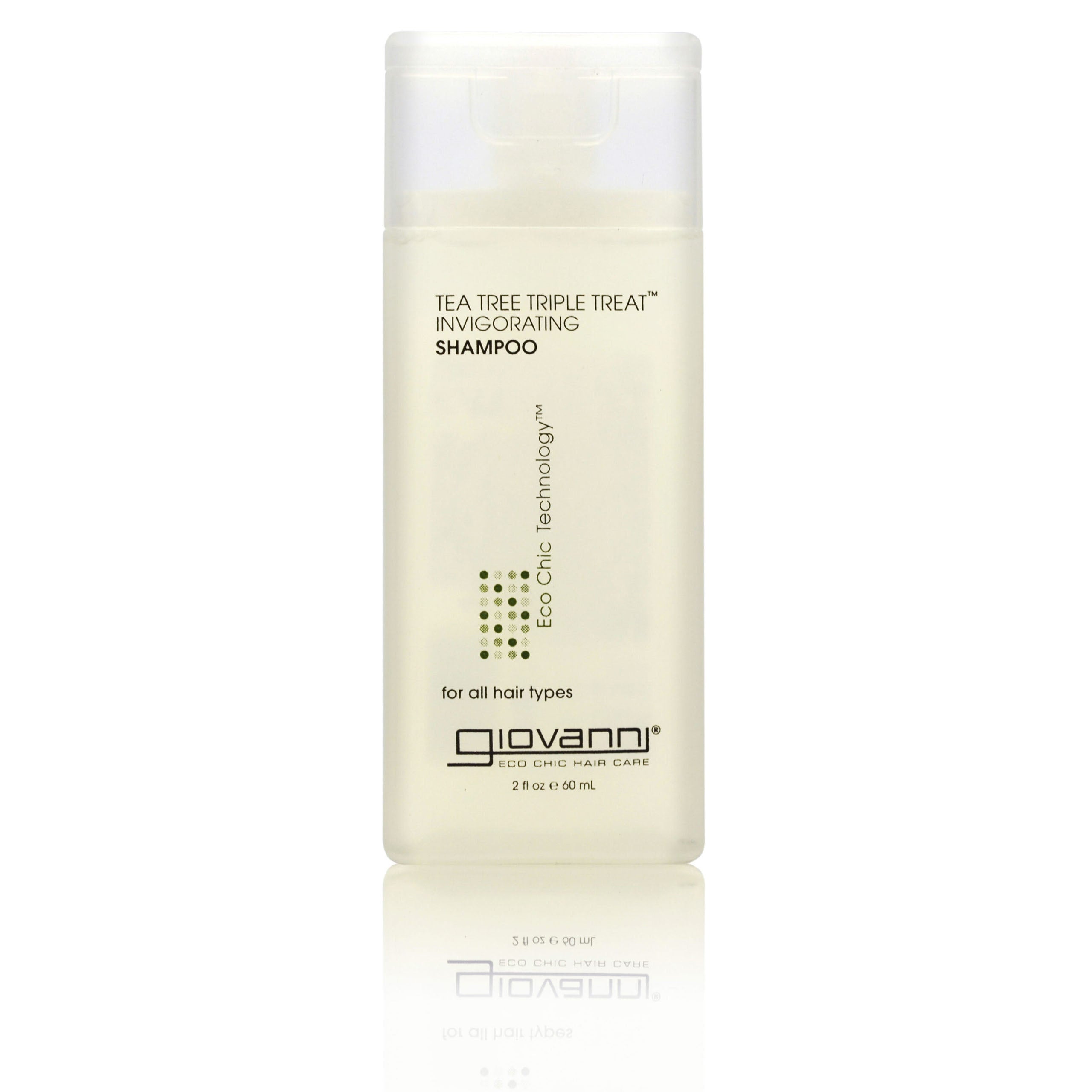 TRAVEL SIZE TEA TREE SHAMPOO FOR ALL HAIR TYPES - Giovanni Cosmetics TEA TREE TRIPLE TREAT™ INVIGORATING SHAMPOO (TRAVEL SIZE) is a 2 fl oz clear bottle with a white cap, designed for all hair types and formulated to boost scalp circulation with Eco Chic Technology.