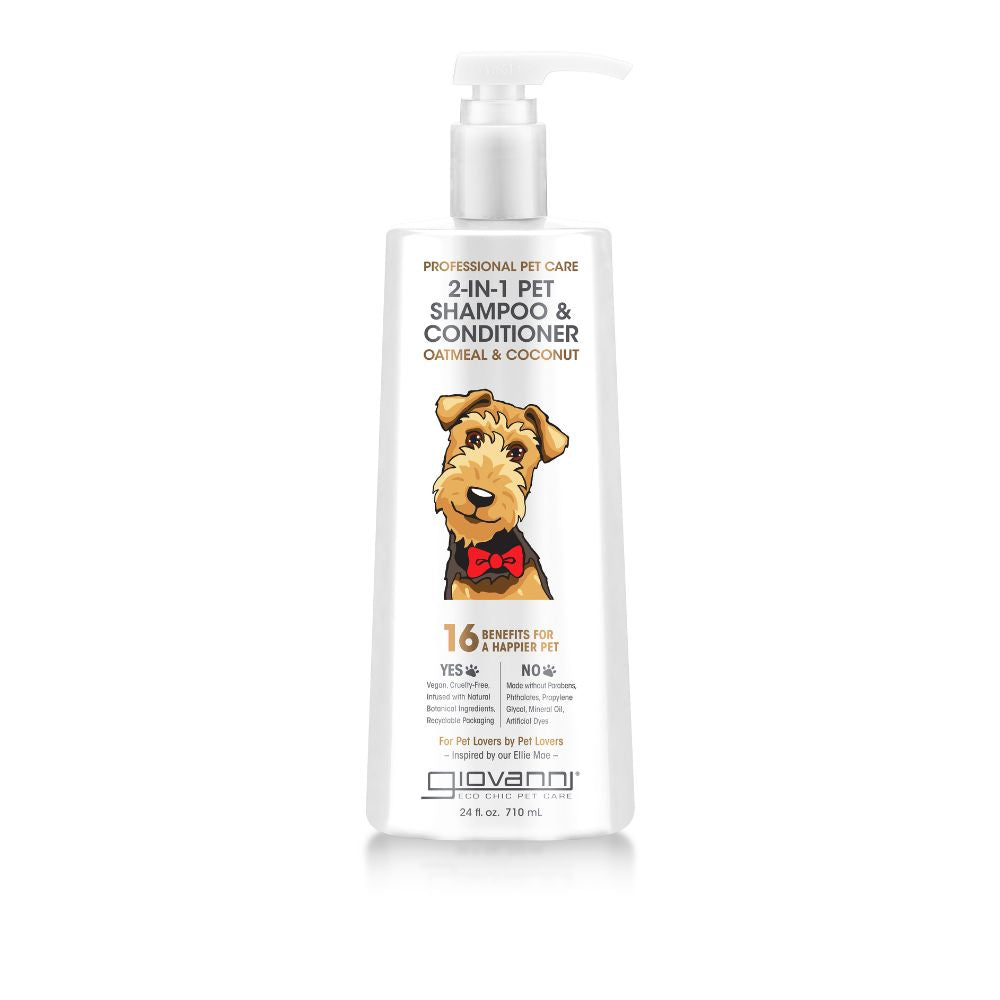 A white bottle of Giovanni Cosmetics PROFESSIONAL 2-IN-1 PET SHAMPOO & CONDITIONER with a pump top, oatmeal formula for sensitive skin, and “16 benefits for a happier pet,” featuring an illustrated dog with a red bow tie.