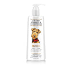 A white bottle of Giovanni Cosmetics PROFESSIONAL 2-IN-1 PET SHAMPOO & CONDITIONER with a pump top, oatmeal formula for sensitive skin, and “16 benefits for a happier pet,” featuring an illustrated dog with a red bow tie.