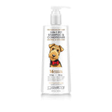 A white bottle of Giovanni Cosmetics PROFESSIONAL 2-IN-1 PET SHAMPOO & CONDITIONER with a pump top, oatmeal formula for sensitive skin, and “16 benefits for a happier pet,” featuring an illustrated dog with a red bow tie.