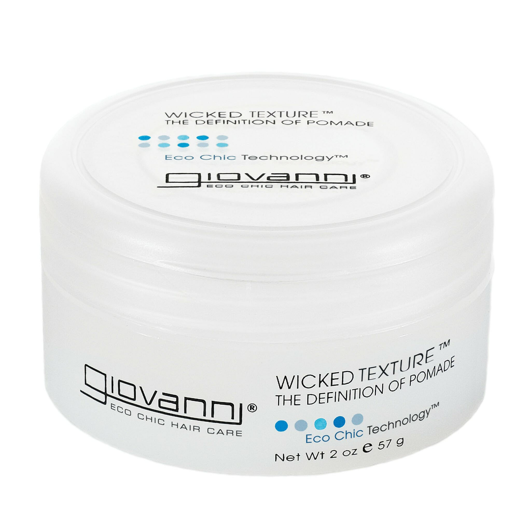 SALON-QUALITY, PARABEN-FREE POMADE FOR ALL HAIR TYPES - A white plastic jar of Giovanni Cosmetics WICKED TEXTURE™ THE DEFINITION OF POMADE, with black and blue text on the lid and side, vegan, net weight 2 oz (57 g).