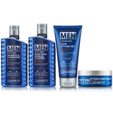 Four blue containers of Giovanni Cosmetics’ Daily Style Bundle—shampoo & conditioner, body wash & facial cleanser, hair styling gel, and styling hair clay—arranged in a row on a white background.