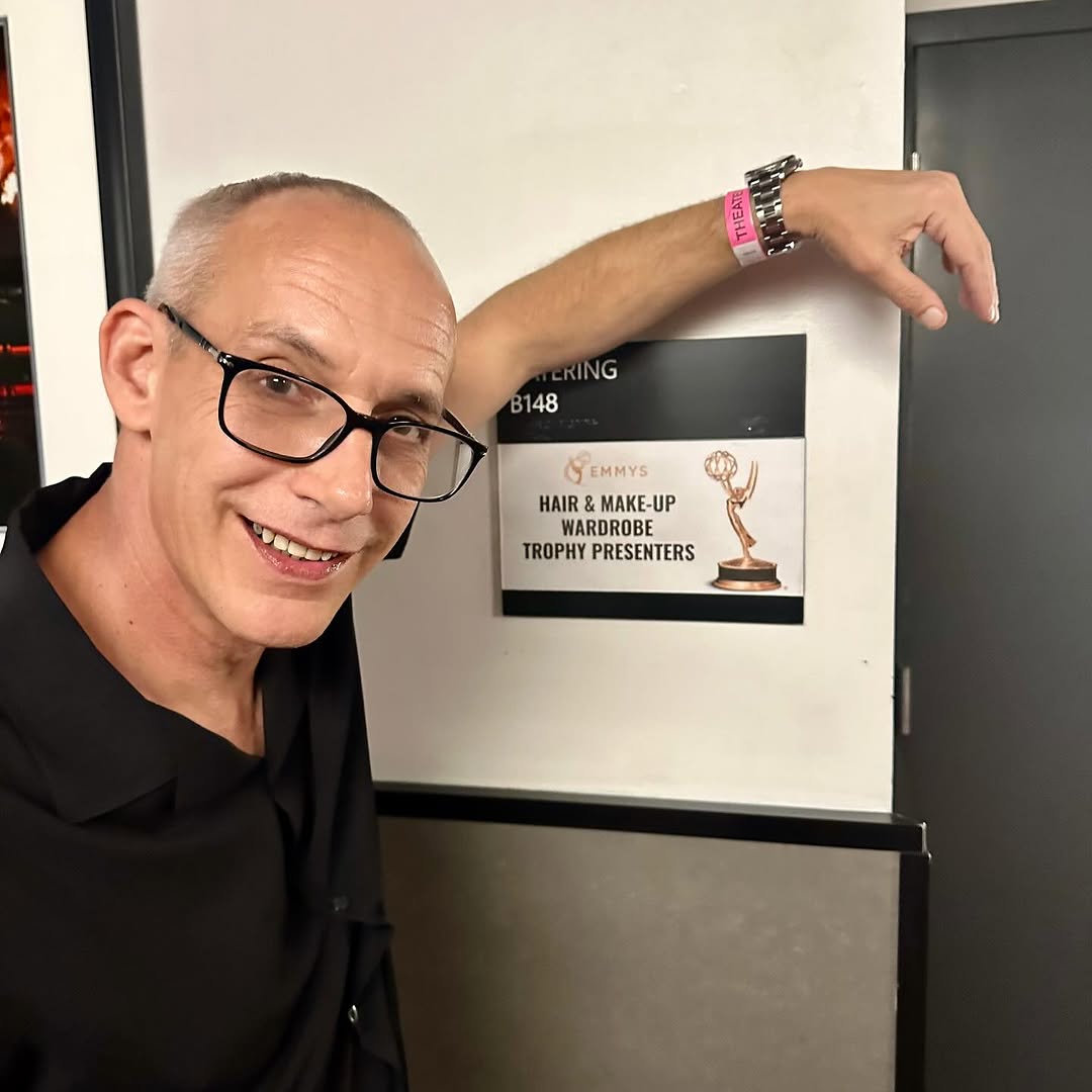 Giovanni next to the Hair & Make-up room back stage at the emmys