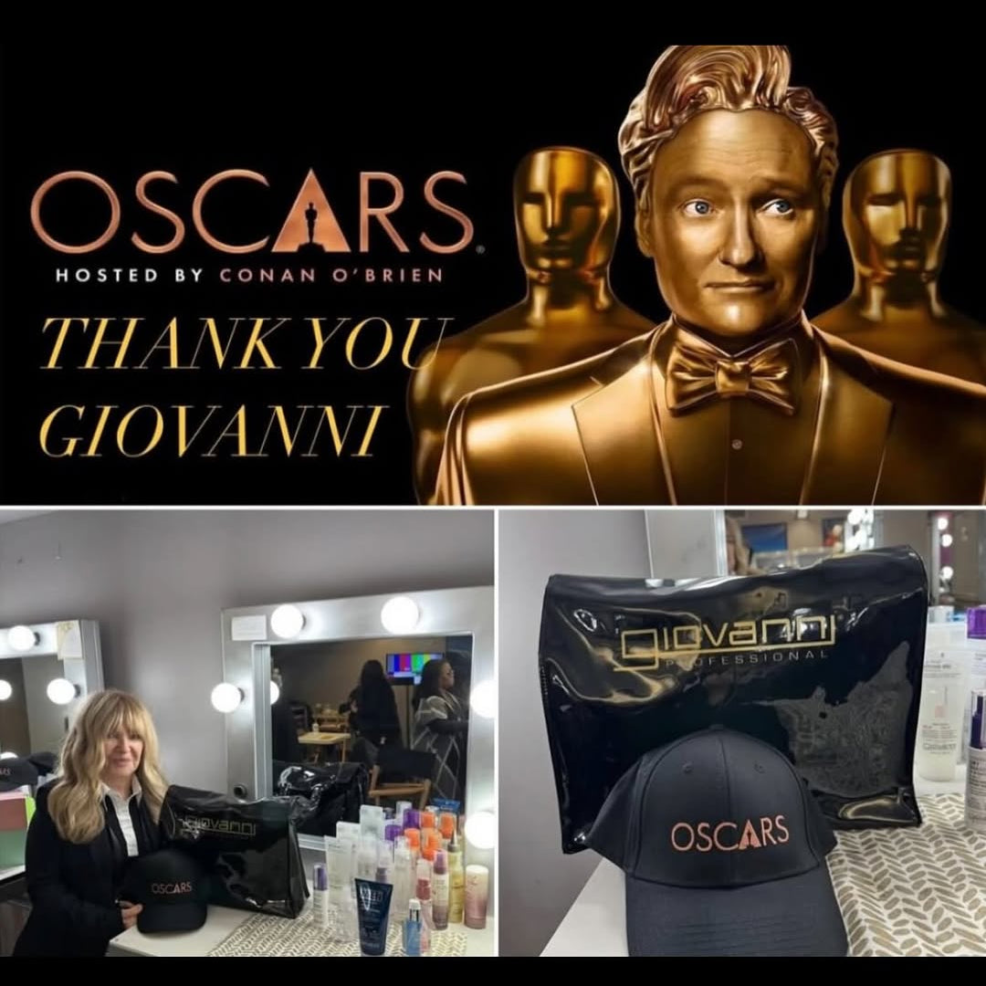 Collage for the Oscars with a bronze statue, 'Thank You Giovanni' text, and backstage scenes.