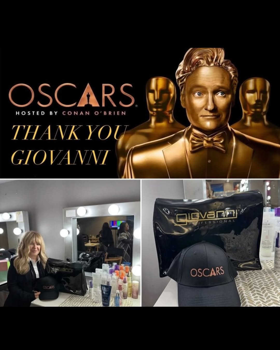 Collage for the Oscars with a bronze statue, 'Thank You Giovanni' text, and backstage scenes.
