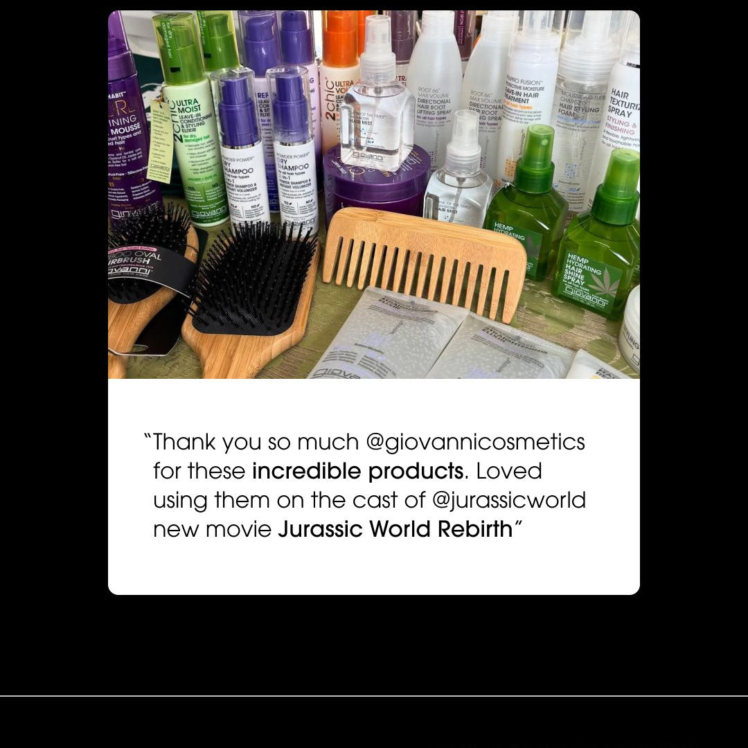 Collection of Giovanni hair care products and tools on a table
