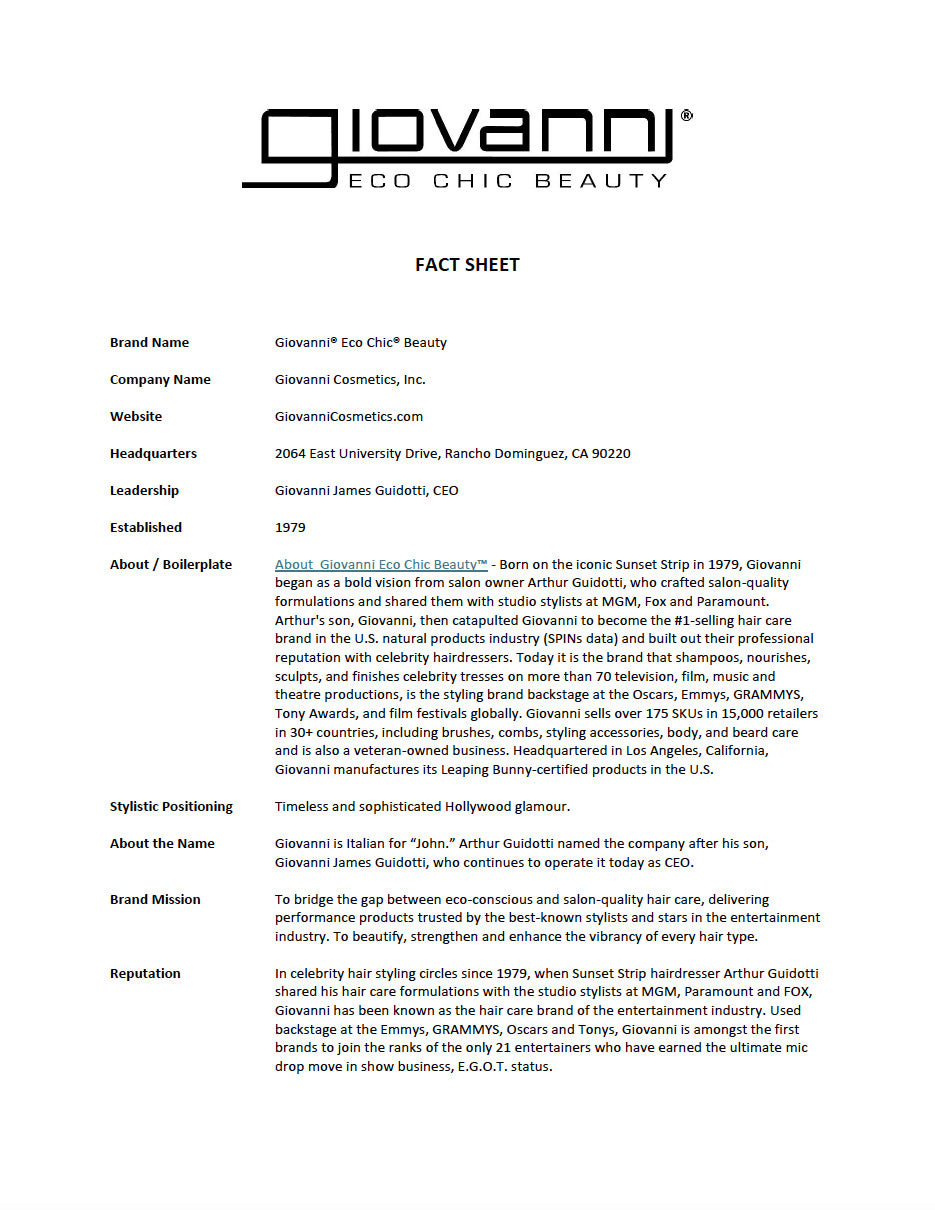 Giovanni Eco Chic Beauty fact sheet