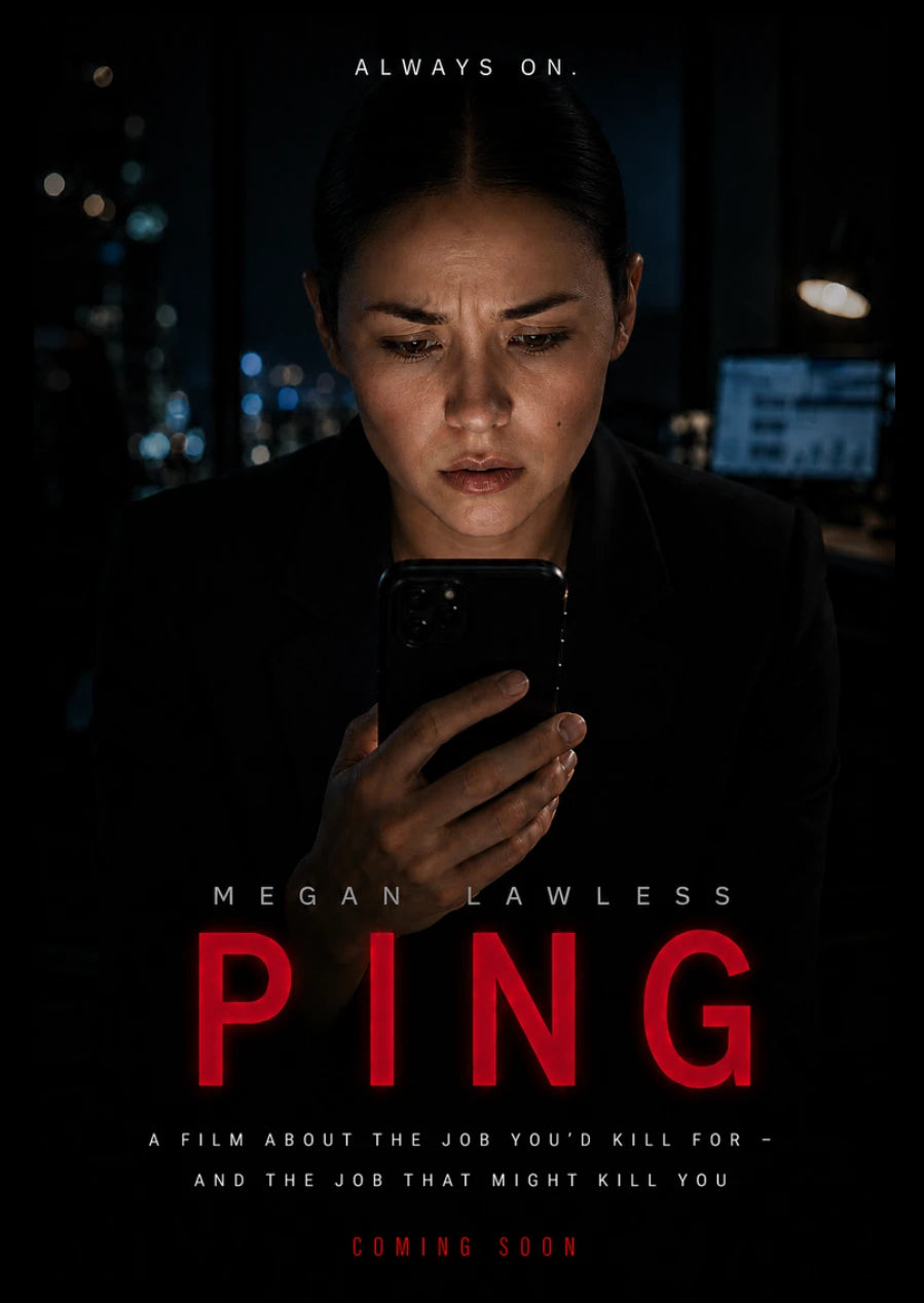 Movie poster for the film 'Ping' starring Megan Lawless, showing her looking at a smartphone in a dark setting