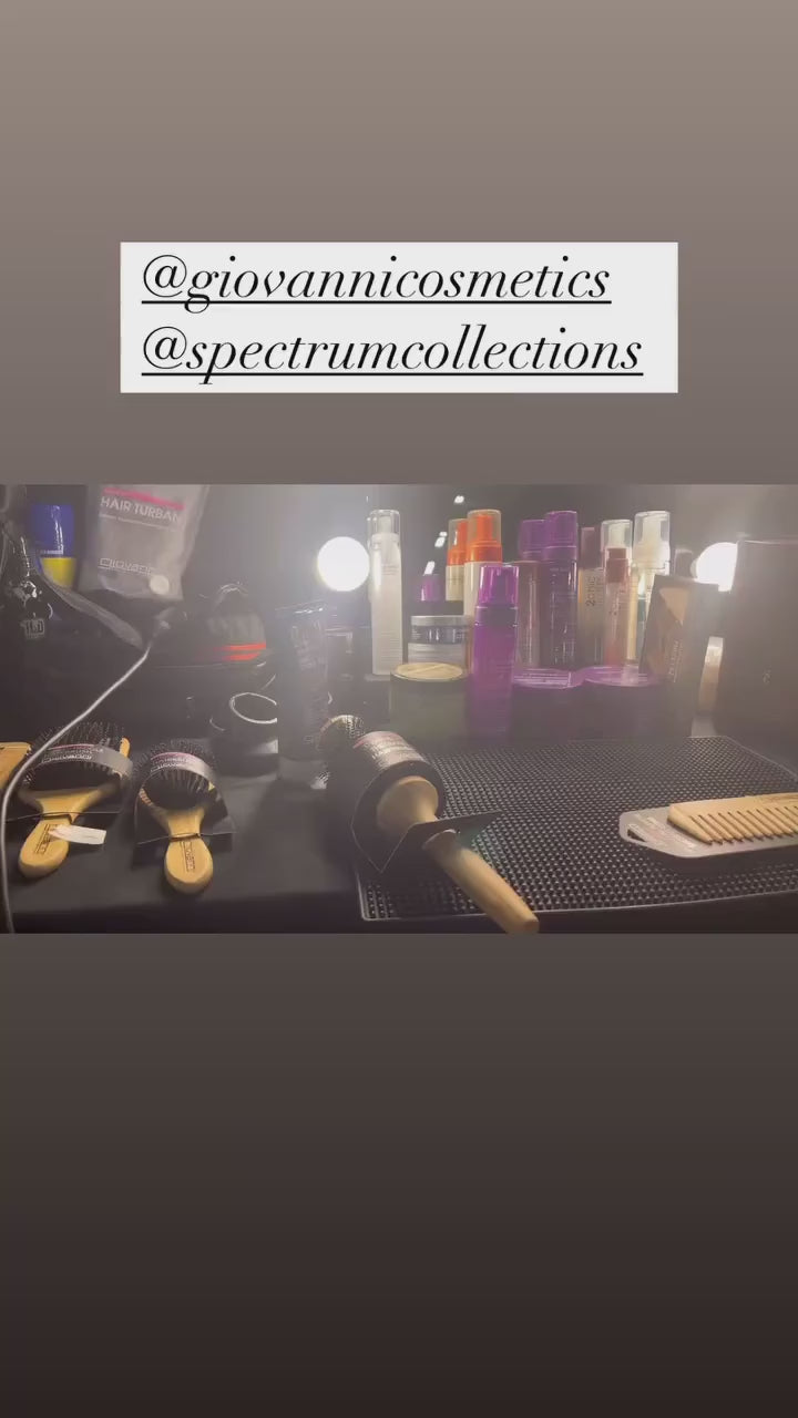 Giovanni products at a makeup station, backstage at the MTV EMAS