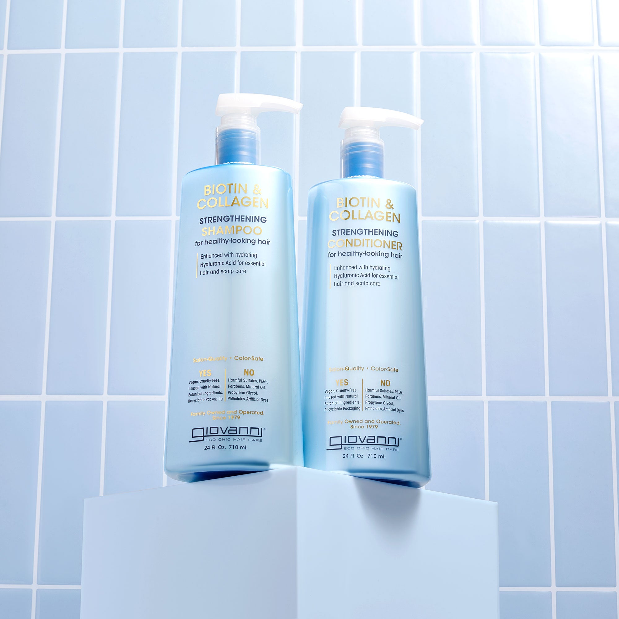 Bottles of Giovanni Biotin & Collagen Shampoo and Conditioner 