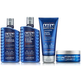The Giovanni Cosmetics Shave & Style Bundle features four blue MEN grooming essentials—shampoo & conditioner, body wash & facial cleanser, moisturizing shave cream, and styling hair clay—lined up against a white background.