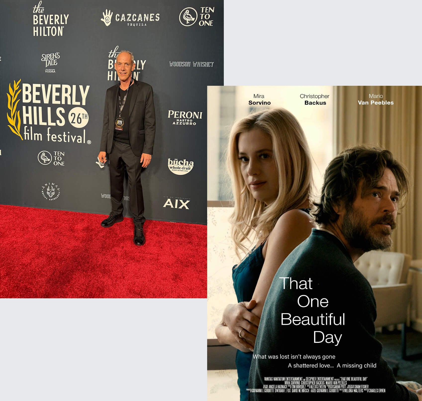 Giovanni James Guidotti on the red carpet at the Beverly Hills Film Festival with movie poster for 'That One Beautiful Day'