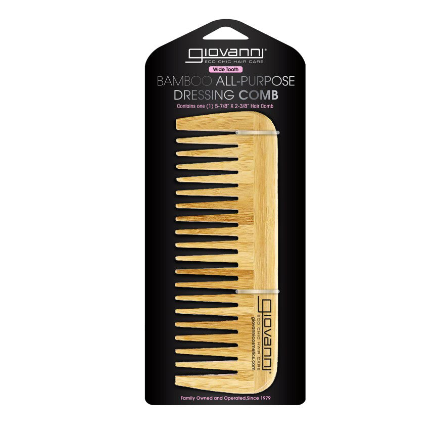 for all hair types - The BAMBOO ALL-PURPOSE DRESSING COMB by Giovanni Cosmetics is a sustainable, light-colored wooden comb in sleek packaging—ideal for natural hair care routines.